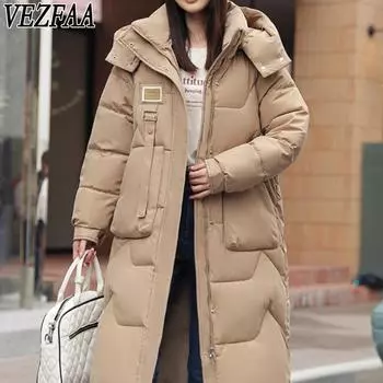 VEZFAA Женская мода Повседневная Осень Зима Однотонные принты Длинные рукава Куртки и пальто Пуховики M чёрный