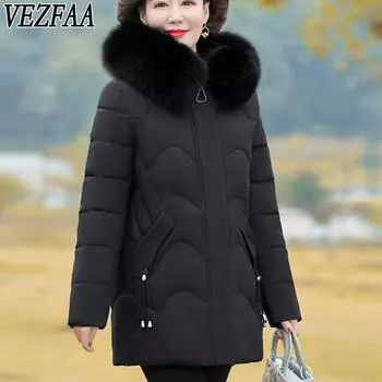 VEZFAA Женская мода Повседневная Осень Зима Однотонные принты Длинные рукава Куртки и пальто Пуховики XL чёрный