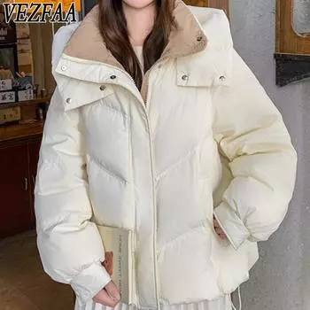 VEZFAA Женская мода Повседневная Осень Зима Однотонные принты Длинные рукава Куртки и пальто Пуховики S чёрный