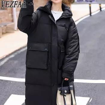 VEZFAA Женская мода Повседневная Осень Зима Однотонные принты Длинные рукава Куртки и пальто Пуховики S чёрный