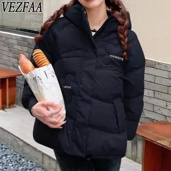 VEZFAA Женская мода Повседневная Осень Зима Однотонные принты Длинные рукава Куртки и пальто Пуховики M чёрный