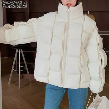 VEZFAA Женская мода Повседневная Осень Зима Однотонные принты Длинные рукава Куртки и пальто Пуховики M чёрный