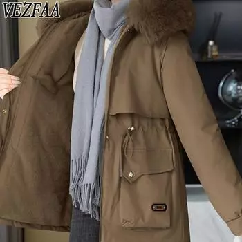 VEZFAA Женская мода Повседневная Осень Зима Однотонные принты Длинные рукава Куртки и пальто Пуховики M чёрный