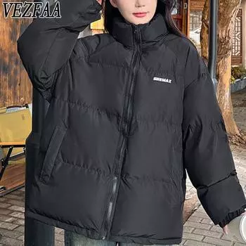 VEZFAA Женская мода Повседневная Осень Зима Однотонные принты Длинные рукава Куртки и пальто Пуховики M чёрный