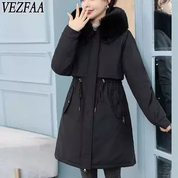 VEZFAA Женская мода Повседневная Осень Зима Однотонные принты Длинные рукава Куртки и пальто Пуховики M чёрный