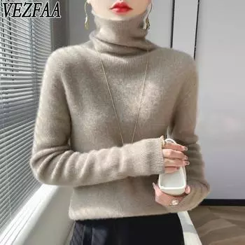 VEZFAA Женская мода повседневная осень-зима однотонный принт длинный рукав высокий ворот свитера