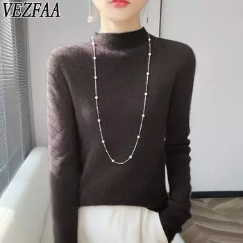 VEZFAA Женская мода повседневная осень-зима однотонный принт длинный рукав полуводолазка свитера