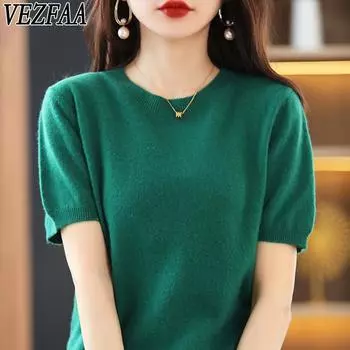 VEZFAA Женская мода Повседневный Осень Зима Однотонный Принт С Коротким Рукавом О-Образным Вырезом Свитера M
