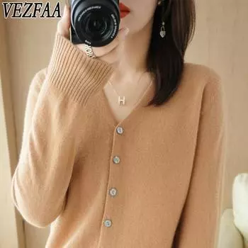 VEZFAA Женская мода повседневная осень-зима однотонный принт длинный рукав V-образный вырез свитера M