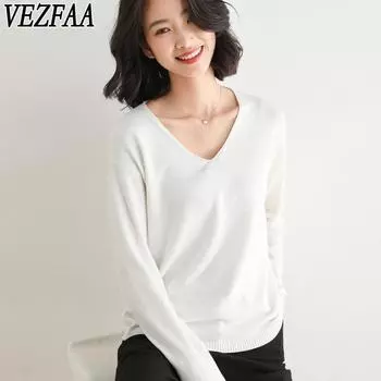 VEZFAA Женская мода повседневная осень-зима однотонный принт длинный рукав V-образный вырез свитера M