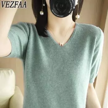 VEZFAA Женская мода повседневная осень-зима однотонный принт короткий рукав V-образный вырез свитера M