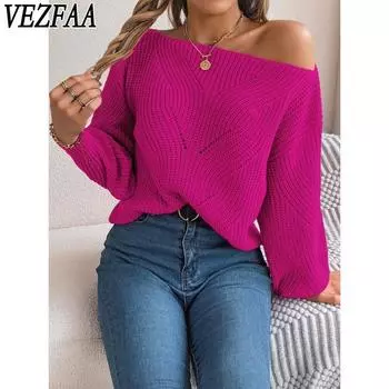 VEZFAA Женская мода Повседневный Осень Зима Однотонный Принт Длинный Рукав Одно Плечо Свитера S серый