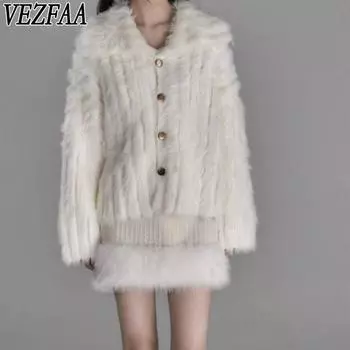 VEZFAA Женская мода повседневная осень-зима однотонный принт длинный рукав V-образный вырез свитера one size белый