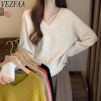VEZFAA Женская мода повседневная осень-зима однотонный принт длинный рукав V-образный вырез свитера One Size абрикосовый