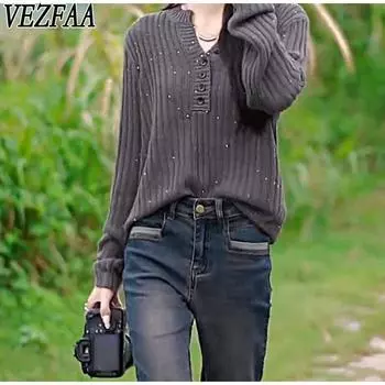 VEZFAA Женская мода повседневная осень-зима однотонный принт длинный рукав V-образный вырез свитера Size: One Size серый