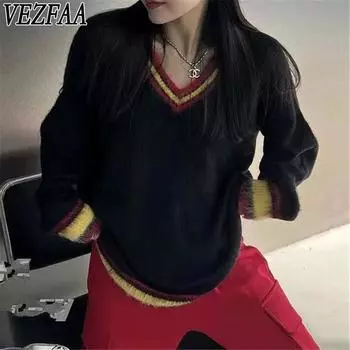 VEZFAA Женская мода повседневная осень-зима однотонный принт длинный рукав V-образный вырез свитера Size: One Size чёрный