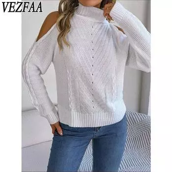 VEZFAA Женская мода повседневная осень-зима с геометрическим принтом, длинный рукав, высокий ворот, свитера S белый