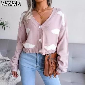 VEZFAA Женская мода повседневная осень-зима с принтом облаков, с длинным рукавом и V-образным вырезом свитера S розовый