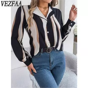 VEZFAA Женская мода Повседневная Весна Осень Цветные Блоки Принт Длинный рукав Поло Воротник Блузки и рубашки S чёрный