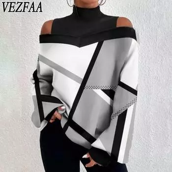 VEZFAA Женская мода Повседневная Весна Осень Цветные Блоки Принт Длинный рукав Полуводолазка Блузки и рубашки