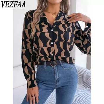 VEZFAA Женская мода Повседневная Весна Осень Цветные Блоки Принт Длинный рукав Поло Воротник Блузки и рубашки S хаки