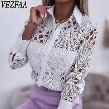 VEZFAA Женская мода Повседневная Весна Осень Кружева Однотонный Принт Длинный Рукав Воротник-ПОЛО Блузки и Рубашки S белый