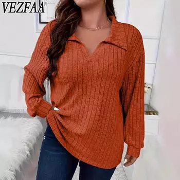 VEZFAA Женская мода Повседневная Весна Осень Однотонный Принт Длинный Рукав Воротник-ПОЛО Пуловеры и Длинные Рукава XL синий