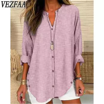 VEZFAA Женская мода Повседневная Весна Осень Полосатый Принт Длинный Рукав V-образный Вырез Блузки и Рубашки S розовый