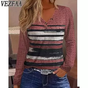 VEZFAA Женская мода Повседневная Весна Осень Полосатый Принт Длинный Рукав V-образный Вырез Блузки и Рубашки S
