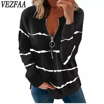 VEZFAA Женская мода Повседневная Весна Осень Полосатый Принт Длинный Рукав V-образный Вырез Блузки и Рубашки
