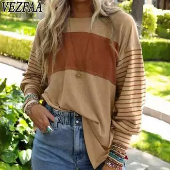 VEZFAA Женская мода Повседневная Весна Осень Полосатый Принт Длинные Рукава О-Образный Вырез Блузки и Рубашки S серый