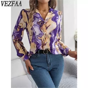 VEZFAA Женская мода Повседневная весна-осень Цветные блоки Принт Длинные рукава V-образный вырез Блузки и рубашки S фиолетовый
