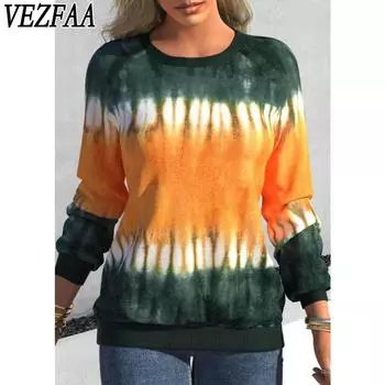 VEZFAA Женская мода Повседневная весна-осень Цветные блоки Принт Длинные рукава О-образный вырез Блузки и рубашки