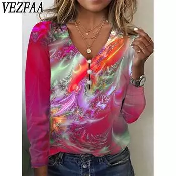 VEZFAA Женская мода Повседневная весна-осень Цветные блоки Принт Длинные рукава V-образный вырез Блузки и рубашки S
