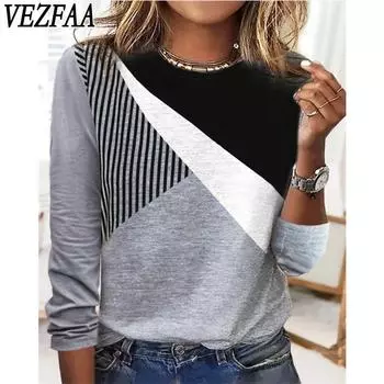 VEZFAA Женская мода Повседневная весна-осень Цветные блоки Принт Длинные рукава О-образный вырез Блузки и рубашки