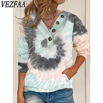 VEZFAA Женская мода Повседневная весна-осень Цветные блоки Принт Длинные рукава V-образный вырез Блузки и рубашки S серый