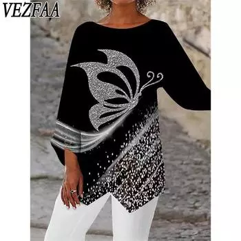 VEZFAA Женская мода Повседневная весна-осень Цветные блоки Принт Длинные рукава О-образный вырез Блузки и рубашки