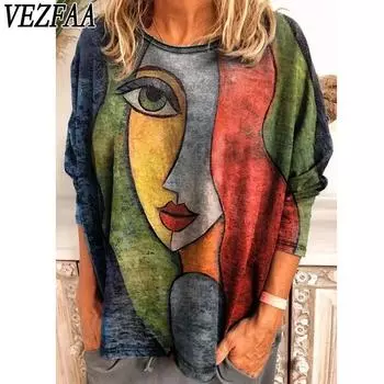 VEZFAA Женская мода Повседневная весна-осень Цветные блоки Принт Длинные рукава О-образный вырез Блузки и рубашки S синий