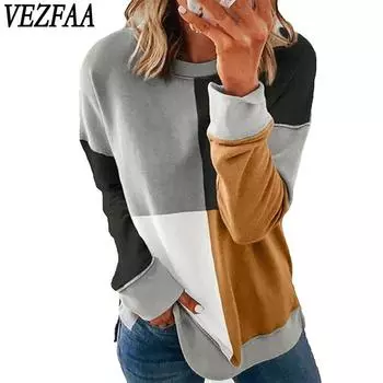 VEZFAA Женская мода Повседневная весна-осень Цветные блоки Принт Длинные рукава О-образный вырез Блузки и рубашки S