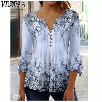 VEZFAA Женская мода Повседневная весна-осень Цветочный узор Принт Длинные рукава V-образный вырез Блузки и рубашки S