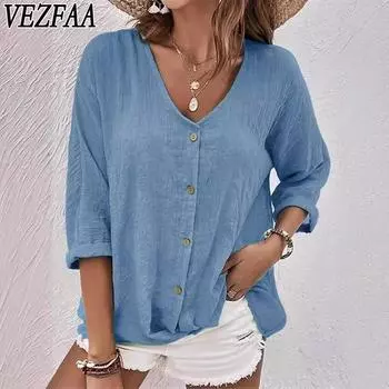 VEZFAA Женская мода Повседневная весна-осень Цветочный узор Принт Длинные рукава О-образный вырез Блузки и рубашки S хаки