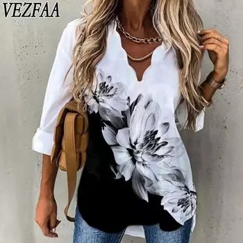 VEZFAA Женская мода Повседневная весна-осень Цветочный узор Принт Длинные рукава V-образный вырез Блузки и рубашки S