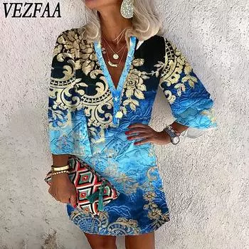 VEZFAA Женская мода Повседневная весна-осень Цветочный узор Принт Блузки и рубашки с рукавами 3/4 V-образным вырезом S синий