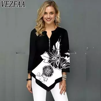 VEZFAA Женская мода Повседневная весна-осень Цветочный узор Принт Длинные рукава V-образный вырез Блузки и рубашки