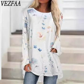 VEZFAA Женская мода Повседневная весна-осень Цветочный узор Принт Длинные рукава О-образный вырез Блузки и рубашки S белый
