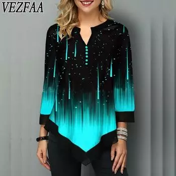 VEZFAA Женская мода Повседневная весна-осень Цветочный узор Принт Длинные рукава V-образный вырез Блузки и рубашки S чёрный