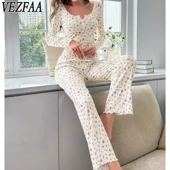 VEZFAA Женская мода повседневная весна осень цветочный узор принт длинный рукав V-образный вырез брюки брюки костюмы S светло-фиолетовый