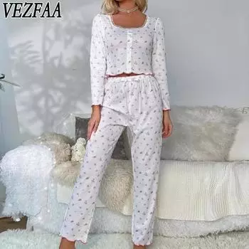 VEZFAA Женская мода повседневная весна осень цветочный узор принт длинный рукав квадратный воротник брюки брюки костюмы S белый