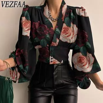 VEZFAA Женская мода Повседневная весна-осень Длинные рукава V-образный вырез Блузки и рубашки