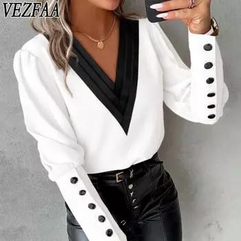 VEZFAA Женская мода Повседневная весна-осень Длинные рукава V-образный вырез Блузки и рубашки